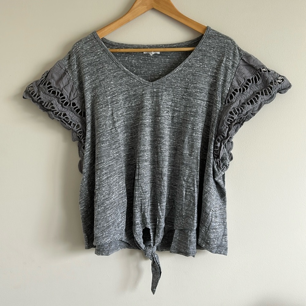 Maurices Gray Embroidered Flutter Sleeve V Neck Blouse with Tie Front